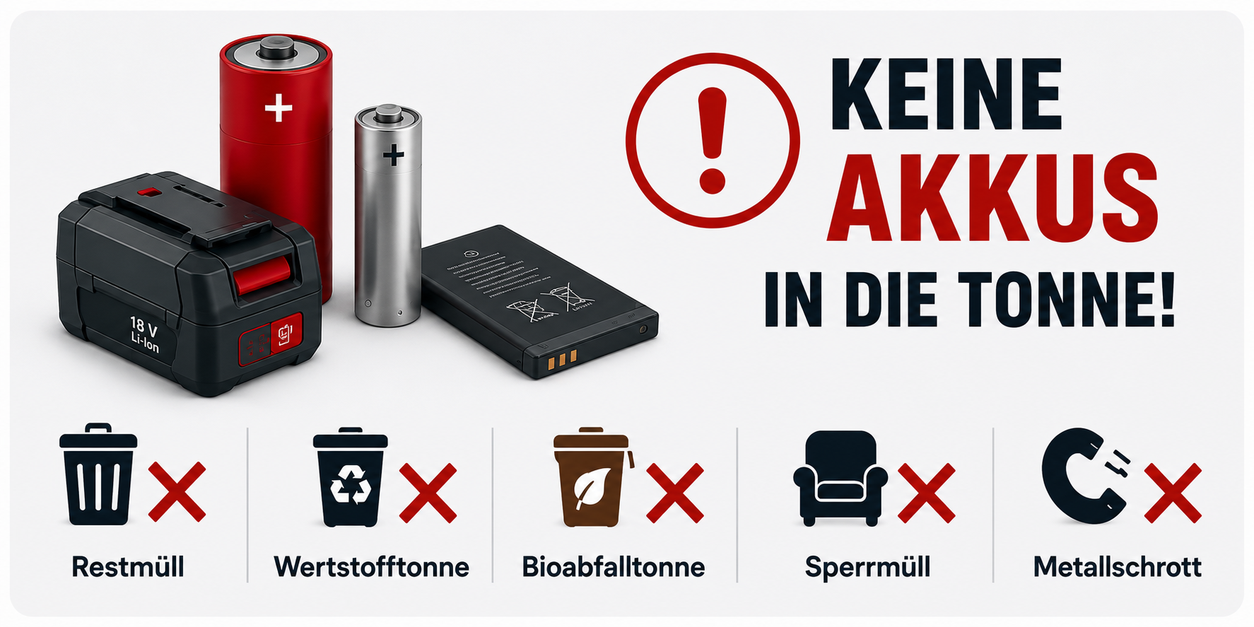 Keine Akkus in die Tonne – Batterien und Akkus gehören nicht in Restmüll, Wertstofftonne, Bioabfalltonne, Sperrmüll oder Metallschrott